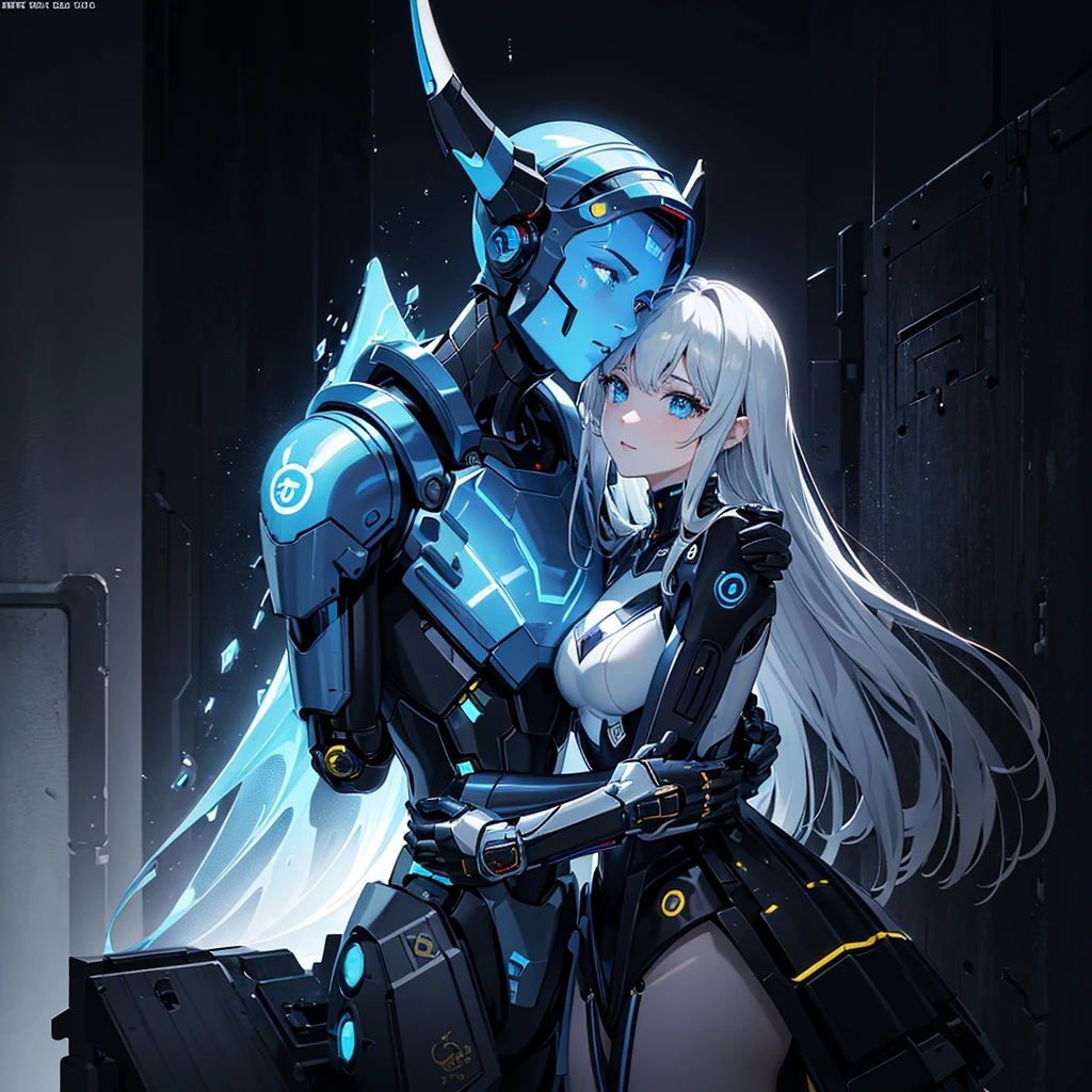 (masterpiece:1.2) (((32k))),(((Highest quality))), masterpiece, add_detail best quality, 8k, high resolution, Poster, Futuristic, blue shades, robotic man, male robot, human girl, girl and a robot love scene, girl and robot romantic scene, girl touching the robot cheek, in love, romantic, human girl and male robot, girl and robot in love, futuristic clothing, metallic space suit, kissing, hugging, emotional, passion, love, emotional depth), (captivating storytelling), (intriguing narrative)