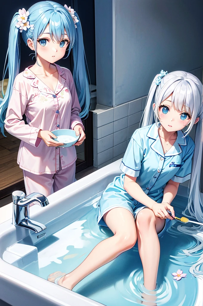 dentifrice　Have a toothbrush　Light blue long hair　beautiful girl with twin tails　Just woke up　Bright, Sunny wash basin　White floral pajamas、There are many flowers around　