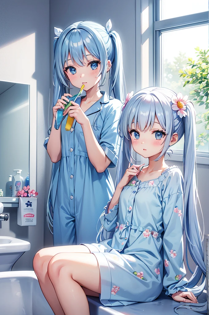 dentifrice Have a toothbrush Light blue long hair beautiful girl with twin tails Just woke up Bright, Sunny wash basin White floral pajamas、There are many flowers around