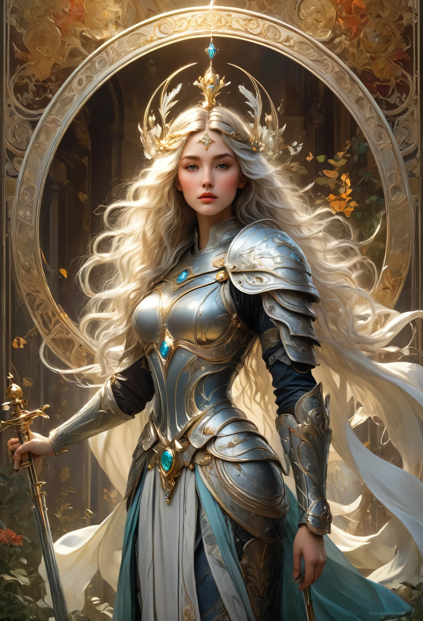 8K resolution, masterpiece, Highest quality, Award-winning works, unrealistic, sole sexy lady, healthy shaped body, 25 years old, white wavy long hair, hair band, big firm bouncing bust, ancient roman military commander's armor, Pure white armor with a complex structure, royal coat of arms, Hold up Excalibur with both hands, elegant, Very detailed, Digital Painting, artステーション, コンセプトart, Smooth, Sharp focus, shape, artジャム、Greg Rutkowski、Alphonse Mucha、William Adolphe Bouguereau、art：Stephanie Law , Magnificent royal background, Royal Jewel, nature, Full Shot, Symmetric, Greg Rutkowski, Charlie Bowwater, beep, Unreal 5, Surreal, Dynamic Lighting, ファンタジーart, Complex colors, Colorful magic circle, flash, dynamic sexy poses