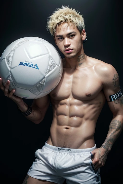 Neymar in white underwear with volume in his underwear, sensual and holding a soccer ball 