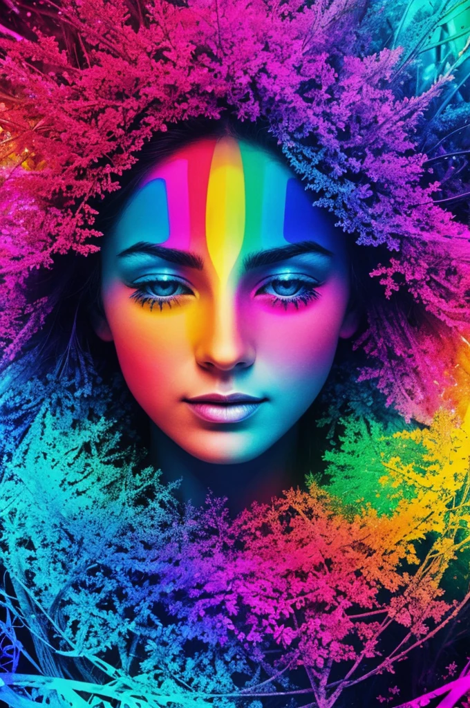 Create a psychedelic style image with cold colors that manifests love, Peace, abundance, with a phrase of self-love