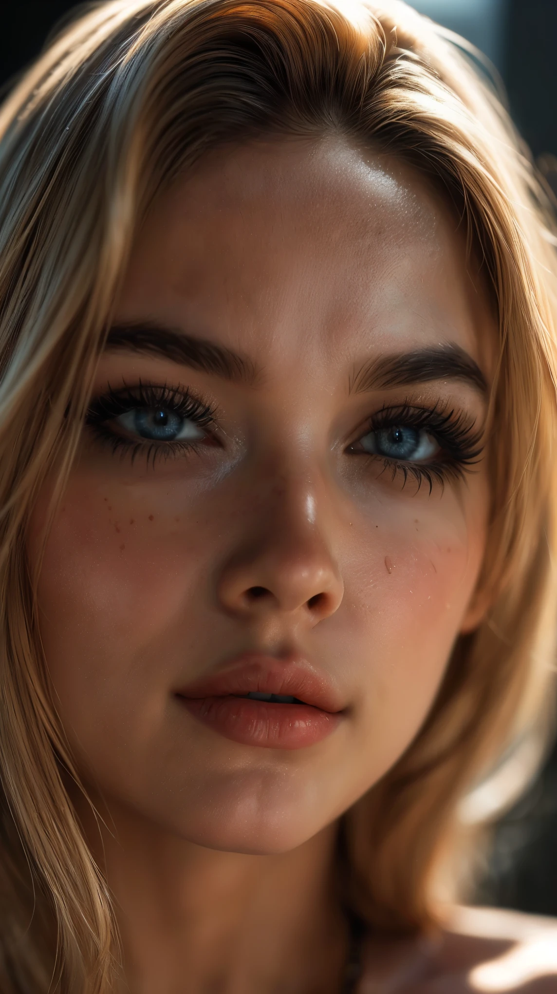 (((Ultra-realistic))), (artistic realization), (ultra-detailed face and eyes: 1.4), 1 girl, (blonde) , (naked) , (thick tousled hair), Detailed eyes, (large detailed lipakeup, (Natural breastany sakura flowers around, close-up, close to the camera)), Dark atmosphere of the frame, (ultra detailed), smile