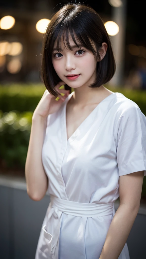 Random pose, Mix 4, (8K, Raw photo, Highest quality, masterpiece: 1.45), (Realistic, Photorealistic: 1.37), One Girl, cute, Laughter、Cityscape, night, Professional Lighting, Plain,garden,Photon Mapping, Radio City, Physically Based Rendering, Gradient black hair, Gray Hair, Hair Straight Bob Cut,Gal,Handsome, With a girl, Big ample breasts,(Nurse uniform:1.3、Long legs),Highest qualityの写真, High resolution, 1080P, (Clear Face), (Detailed face description), (Detailed hand description), (masterpiece), Lifelike, Extreme light and shadow, Disheveled Hair, masterpiece, Rich details, (Beautiful Faces), (Highest qualityの写真), (masterpiece), Look in front of you, Thin clavicle,Emphasis on armpits、Show lower milk,Nipple erection、Thin tear troughs、