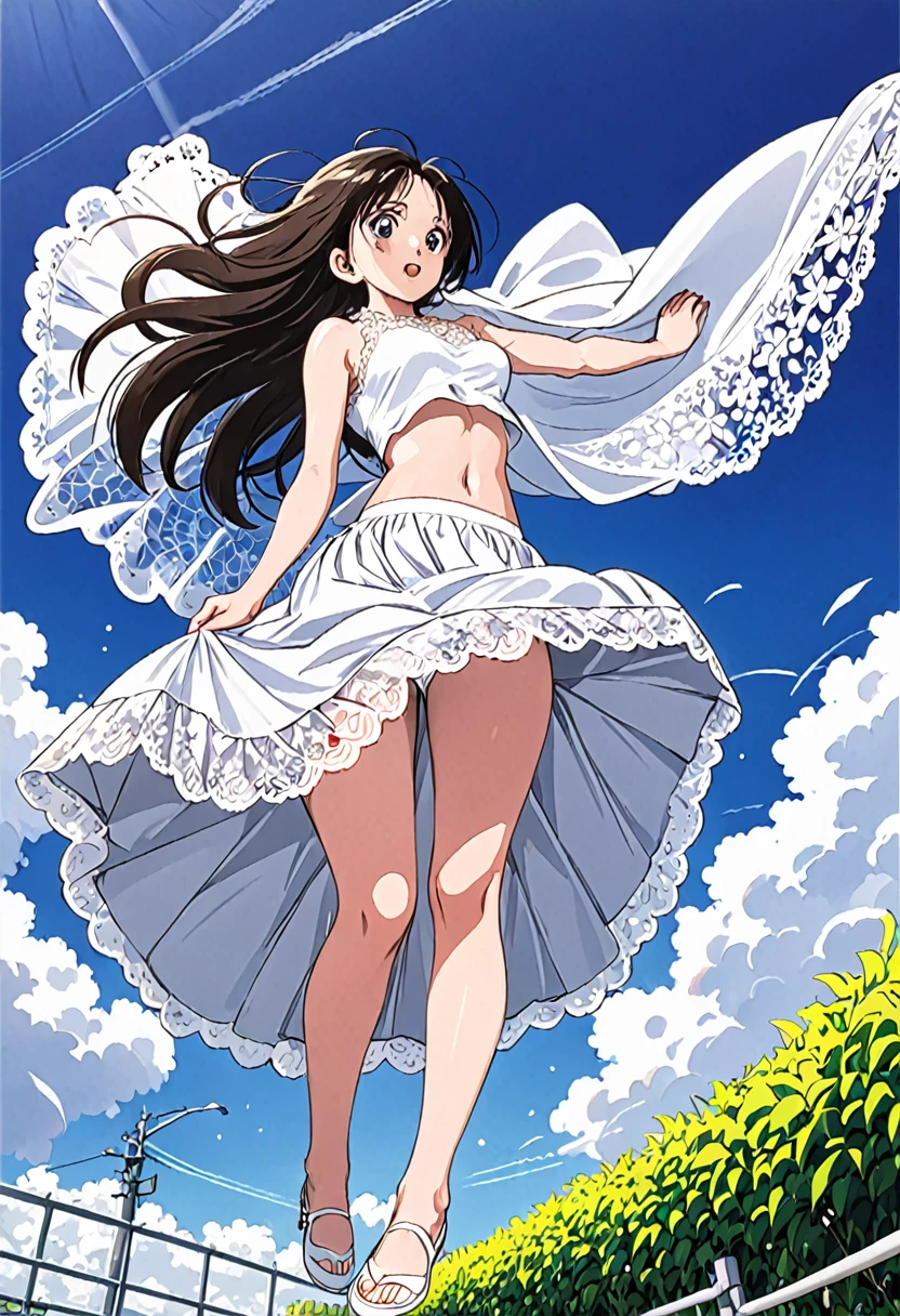 音無響子
Low - Angle、
Low - Angle、Long skirt、Hold down your skirt that is being blown up by the strong wind、Anime white panties in a strong wind、Crotch is visible
ローレグのパンツ、Color: White、
Crotch is visible、
、Lined、White lace lining、