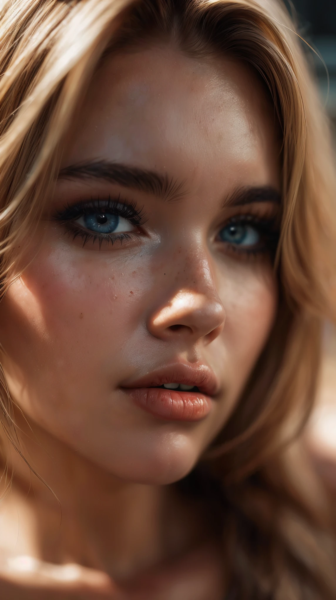 (((Ultra-realistic))), (artistic realization), (ultra-detailed face and eyes: 1.4), 1 girl, (blonde) , (naked) , (thick tousled hair), Detailed eyes, (large detailed lipakeup, (Natural breastany sakura flowers around,  close-up, close to the camera)), Dark atmosphere of the frame, (ultra detailed), smile