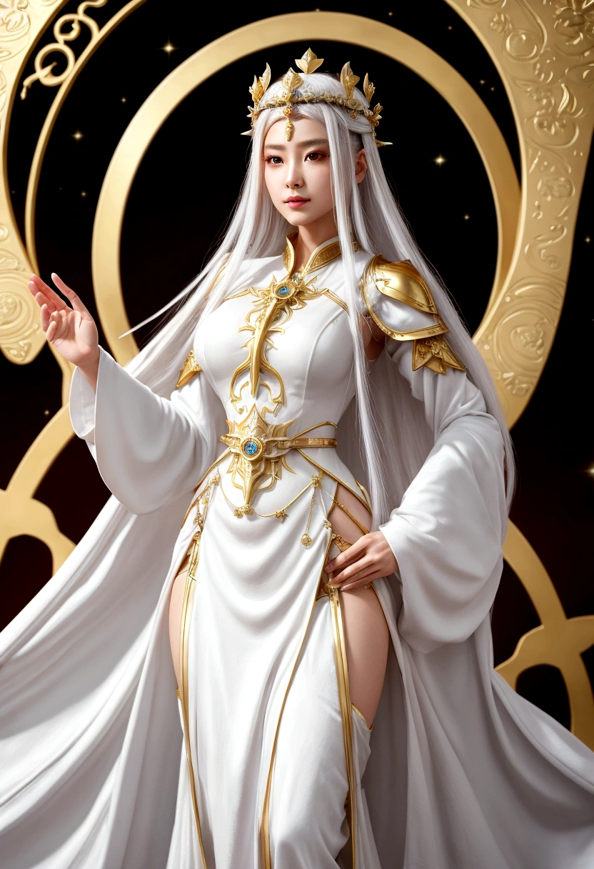 a woman in a white dress and gold armor posing for a picture, a beautiful fantasy empress, ((a beautiful fantasy empress)), anime goddess, inspired by Lan Ying, trending on cgstation, white and gold priestess robes, full body xianxia, extremely detailed goddess shot, beautiful celestial mage, goddess. extremely high detail, white robe with gold accents