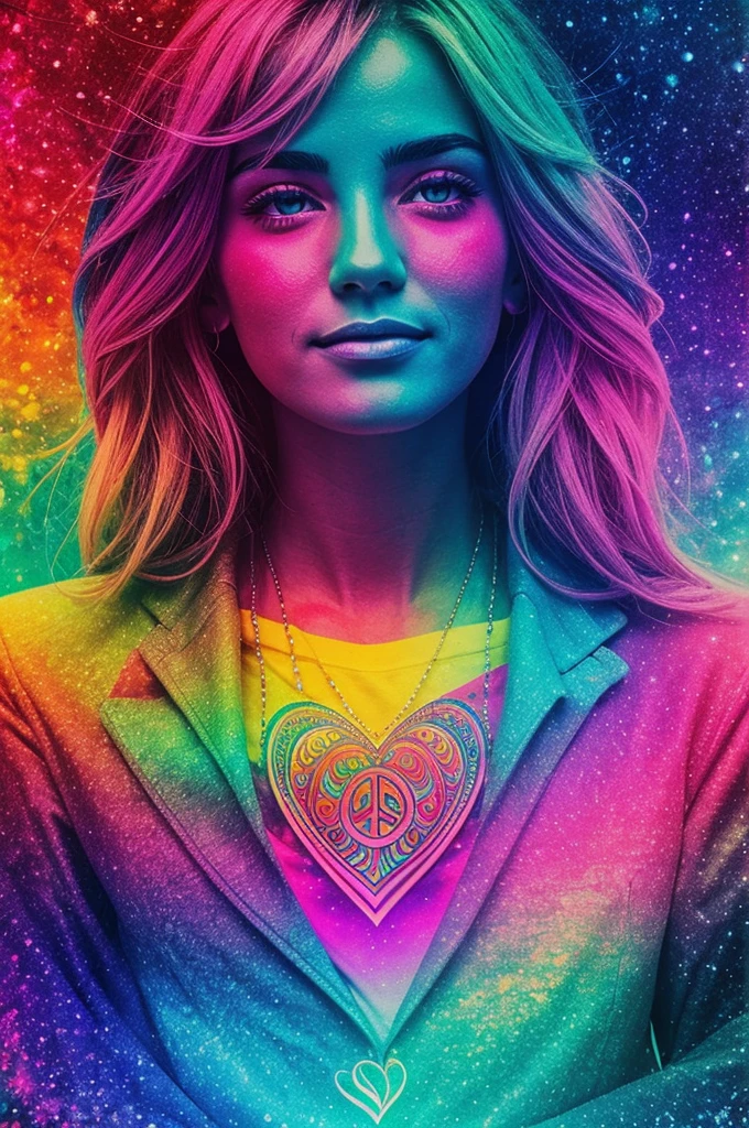 Create a psychedelic style image with cold colors that manifests love, Peace, abundance, with a phrase of self-love