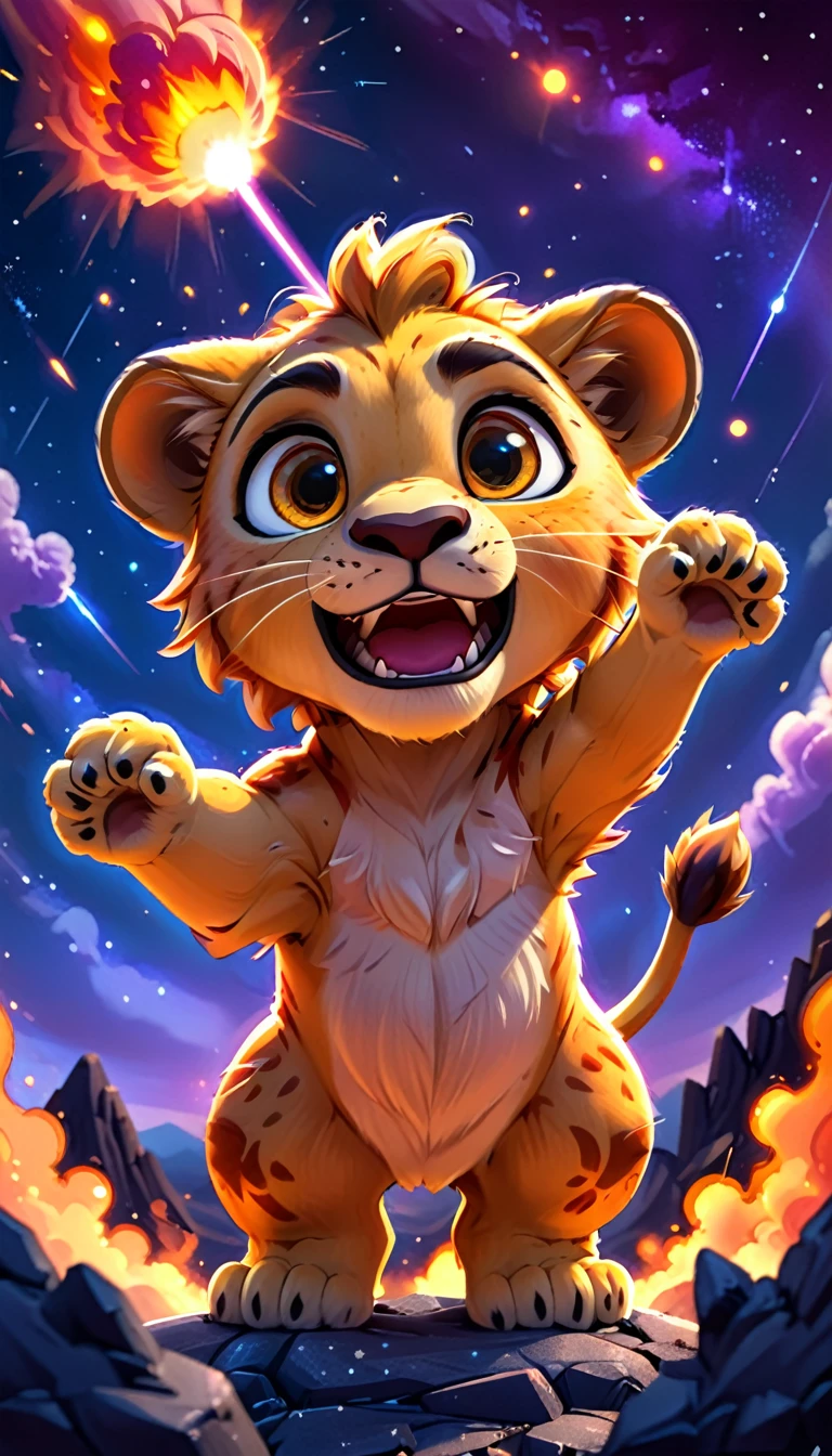 cute baby lion, standing on meteor ,cartoon, meteor, fire sky,arms, , cute eyes, looking at viewer, hands up, effects background, particles