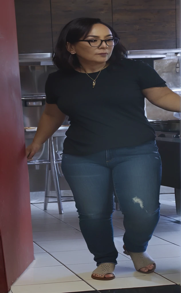 woman in black shirt and jeans standing in kitchen with a dog, middle shot waist up, uhd candid photo of dirty, distant full body shot, black extremely tight jeans, zoomed out full body, standing in a restaurant, wearing jeans, close up to a skinny, low quality video, ( ( ( wearing jeans ) ) ), full body profile camera shot