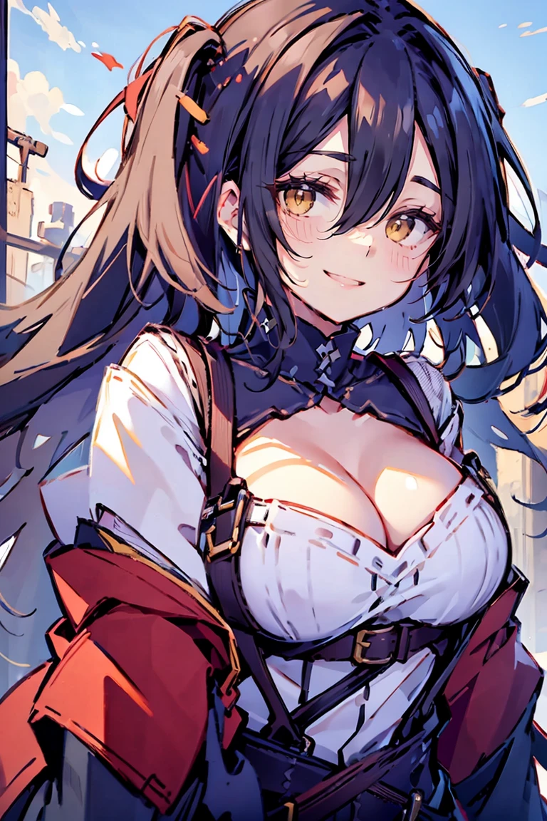 (masterpiece:1.2), (high quality:1.2), (hui xiyi:0.75), rekkyo sensen, rekkyou sensen, girls with((black hair, (tits cleavage:1.15), (waving is hands:1.2), (breasts close up:1.15), (suspenders:1.2), (dress:0.65), (blue clothes:1.05), (belts:0.7), (frills shirt:1.2), (white knit sweater:1.2), camisole, exposed breasts, straps, (cross:1.05), upper body, (long wavy hair:1.2), (one side up:1.2), nun, long sleeves, (both hands:1.15), (perfect hands:1.05), (five fingers:1.05))), background with((fantasy world, ruin, castle, beautiful sky, shining sky, sunshine))