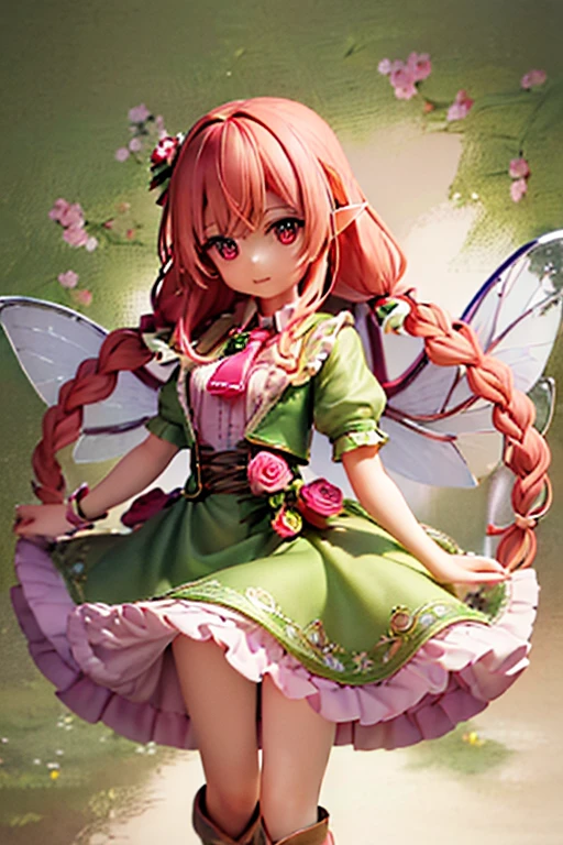 ((best qualityer)), ((work of art)), (detailded), 1 fairy girl, with green dress and pink ruffle, with brown vest, pink bows, long brown boots, with ties at the top, golden buckles, long red hair, with half braids on the sides, pink eyes, withe wings, standing