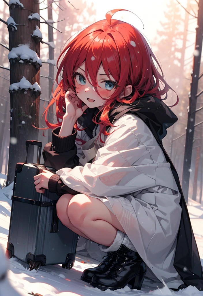 Shana,灼眼のShana,Long Hair, Redhead, Red eyes,Ahoge,,smile,blush,White Breath,
Open your mouth,snow,Ground bonfire, Outdoor, boots, snowing, From the side, wood, suitcase, Cape, Blurred, , forest, White handbag, nature, Squat, Mouth closed, Cape, winter, Written boundary depth, Black shoes, red Cape break looking at viewer, Upper Body, whole body, break Outdoor, forest, nature, break (masterpiece:1.2), Highest quality, High resolution, unity 8k wallpaper, (shape:0.8), (Beautiful and beautiful eyes:1.6), Highly detailed face, Perfect lighting, Extremely detailed CG, (Perfect hands, Perfect Anatomy),