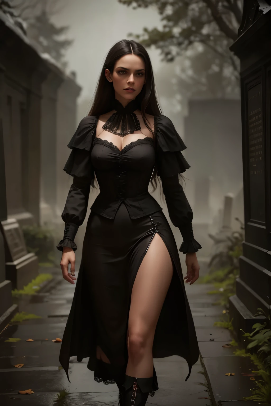Cinematic, Vampire slayers, walks in an Gothic cemetery at night wearing a gothic dress, fog and rainy condition, ghostly atmosphere, 1800s, (high skin detail: 1.2), ultra-detailed, photo-realistic, depth of field, cinematic lighting, IMAX camera, HDR, DTM, Full HD, 8k