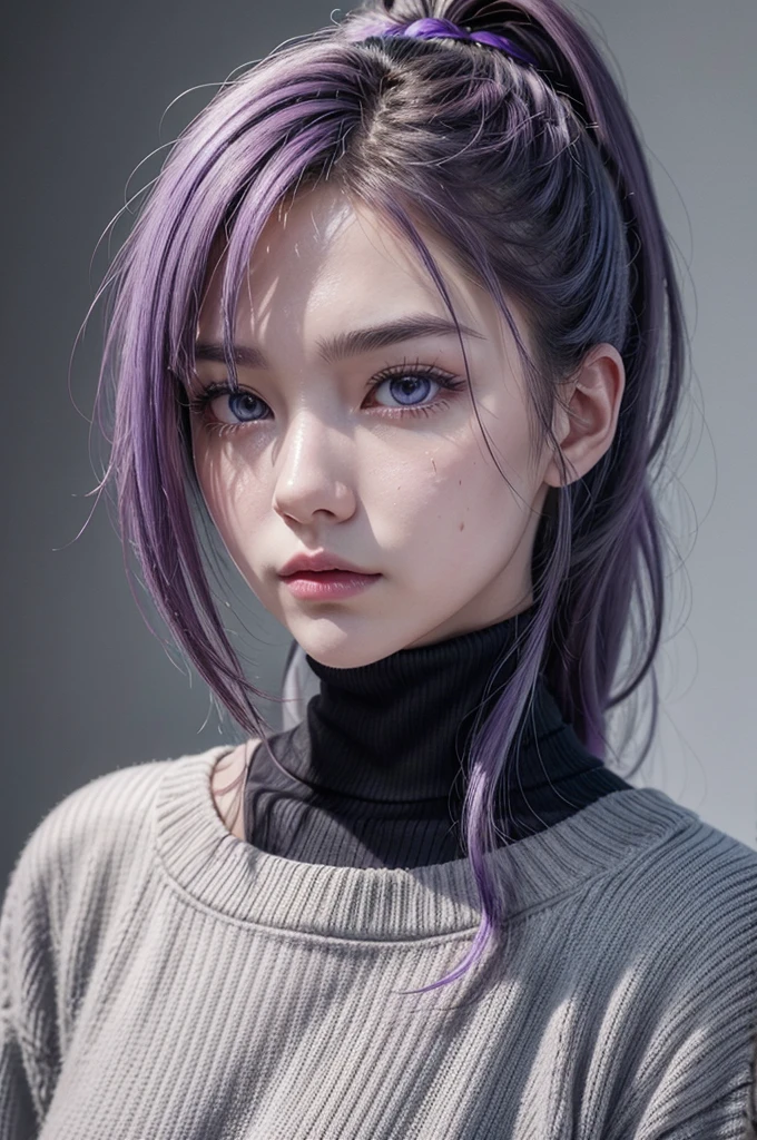 The image is an illustration of a character with a stylized look, typical of anime or manga. Here are some notable details: body hair: The character has long hair, tied in a high ponytail. Hair color is white with purple highlights. eyeballs: The eyes are purple, with a serious, penetrating gaze. Facial expression: The character displays a serious or perhaps slightly irritated expression, with visible scars on the face. Clothing: him/she is wearing a black turtleneck outfit, which appears to be simple and without many details. artistic style: The style is typical of Japanese animation, with clear lines and a striking use of contrasting colors (white and purple hair, purple in the eyes and black in the clothes). The background is gray and has no additional details., keeping the focus on the character.