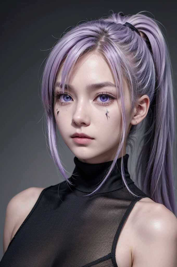 The image is an illustration of a character with a stylized look, typical of anime or manga. Here are some notable details: body hair: The character has long hair, tied in a high ponytail. Hair color is white with purple highlights. eyeballs: The eyes are purple, with a serious, penetrating gaze. Facial expression: The character displays a serious or perhaps slightly irritated expression, with visible scars on the face. Clothing: him/she is wearing a black turtleneck outfit, which appears to be simple and without many details. artistic style: The style is typical of Japanese animation, with clear lines and a striking use of contrasting colors (white and purple hair, purple in the eyes and black in the clothes). The background is gray and has no additional details., keeping the focus on the character.