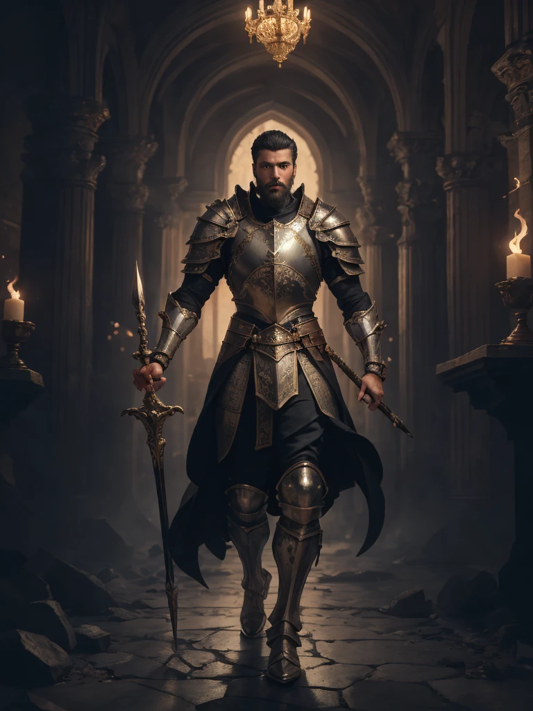 masterpiece:1.2, best quality, absurdres, castle ruins, fire, evening, fantasy, goliath, D&D, Pathfinder, male, full body, bald, detailed face, face focus, portrait, spear , holding an spear, plate armor, black hair, marb1e4rmor, braided beard, centered,