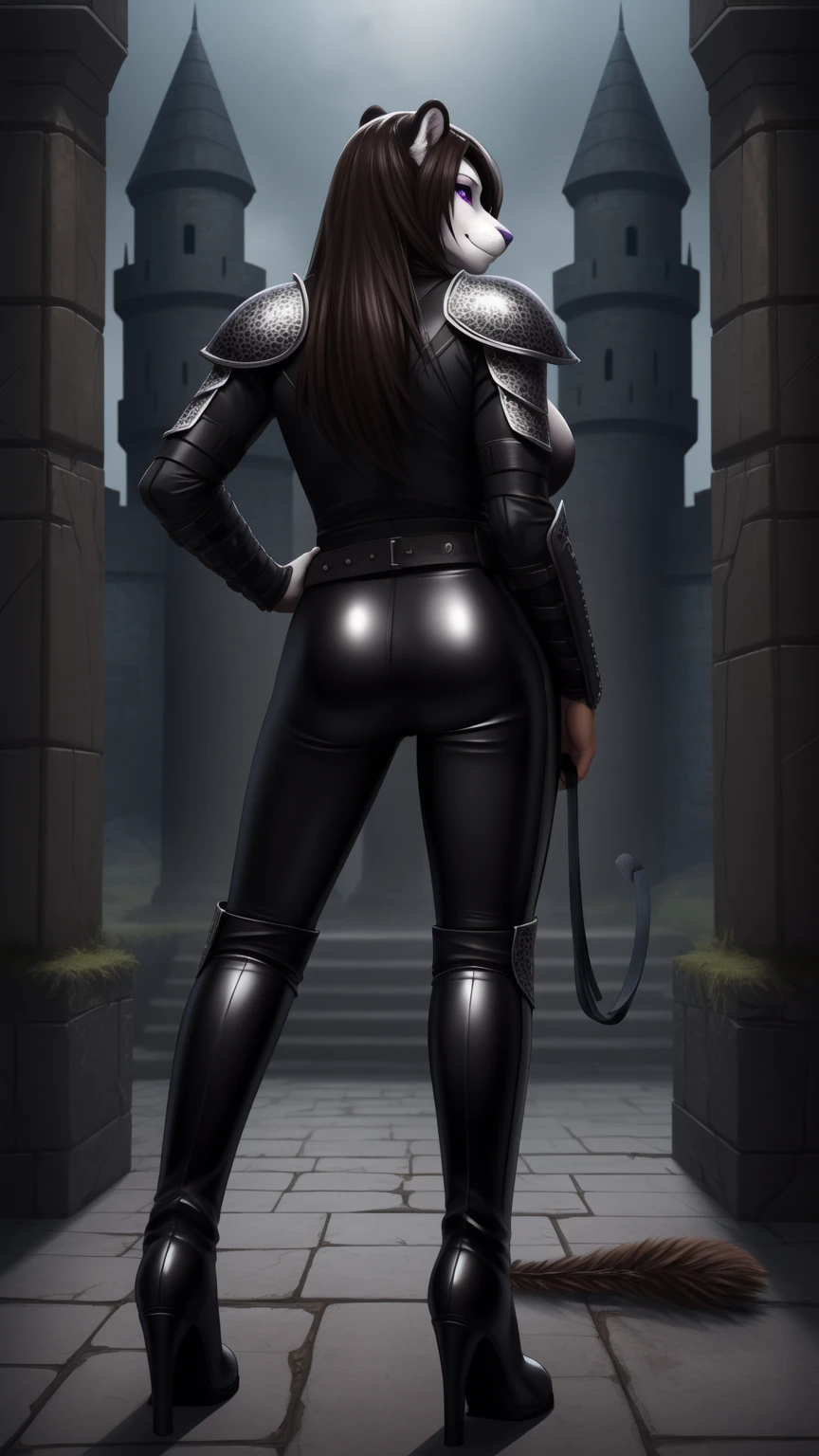 Score_9, Score_8, Score_7, Score_8_up, point of view looking at White Leopard\(mature, tall, medium breasts, violet eyes, white fur, black spots, sensual body, thin thighs, leopard tail, black leather armor, long black leather pants, high brown boots), staring at you seductively, fantasy, csr style, score_7_up, full body, full body photo, side_boob, hand on hip, hunting, holding a whip, wearing black leather armor, long black leather pants, high brown boots, 弓, expressive, concept art, furry, dark theme,Expressiveh, luxurius castle background