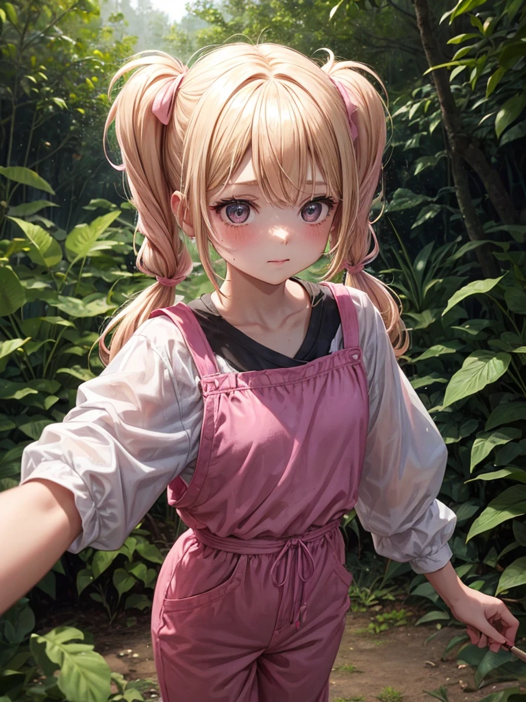 1 girl, two pigtails falling over her shoulders with pink rubber bands, blond hair, wearing a pink jumpsuit dress, cooling off with a chocolate popsicle, In a forest, next to 1 boy, black hair, messy hair, black eyes, wearing casual clothes