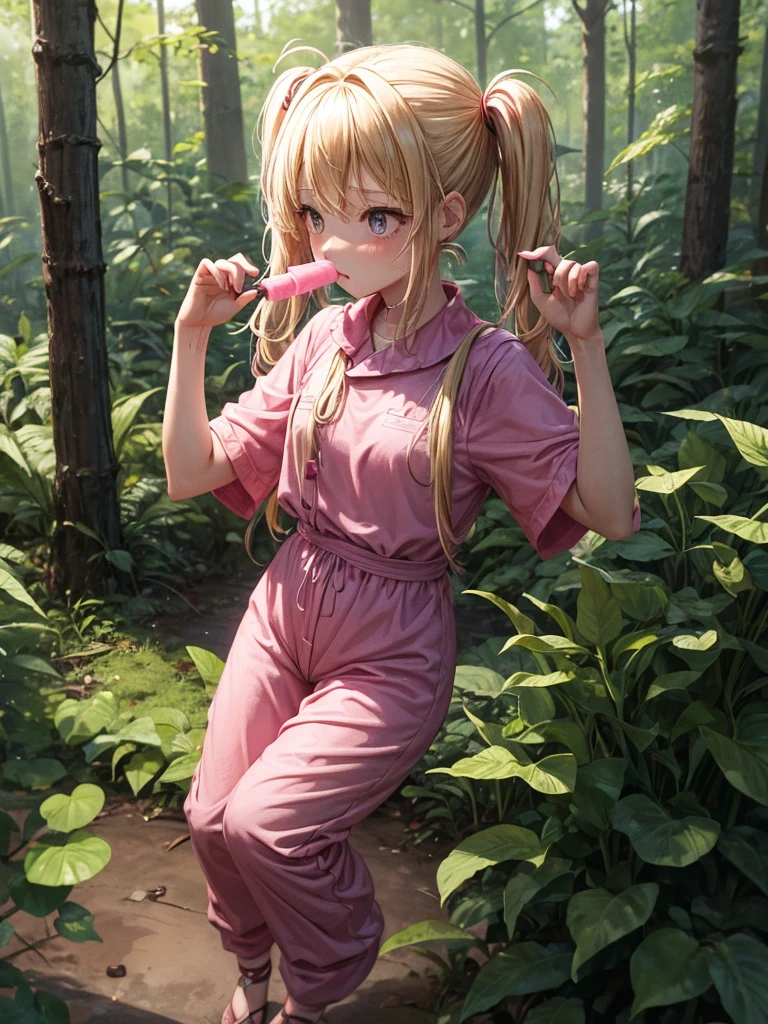 1 girl, two pigtails falling over her shoulders with pink rubber bands, blond hair, wearing a pink jumpsuit dress, cooling off with a chocolate popsicle, In a forest, next to 1 boy, black hair, messy hair, black eyes, wearing casual clothes