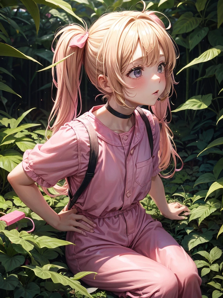 1 girl, two pigtails falling over her shoulders with pink rubber bands, blond hair, wearing a pink jumpsuit dress, cooling off with a chocolate popsicle, In a forest, next to 1 boy, black hair, messy hair, black eyes, wearing casual clothes