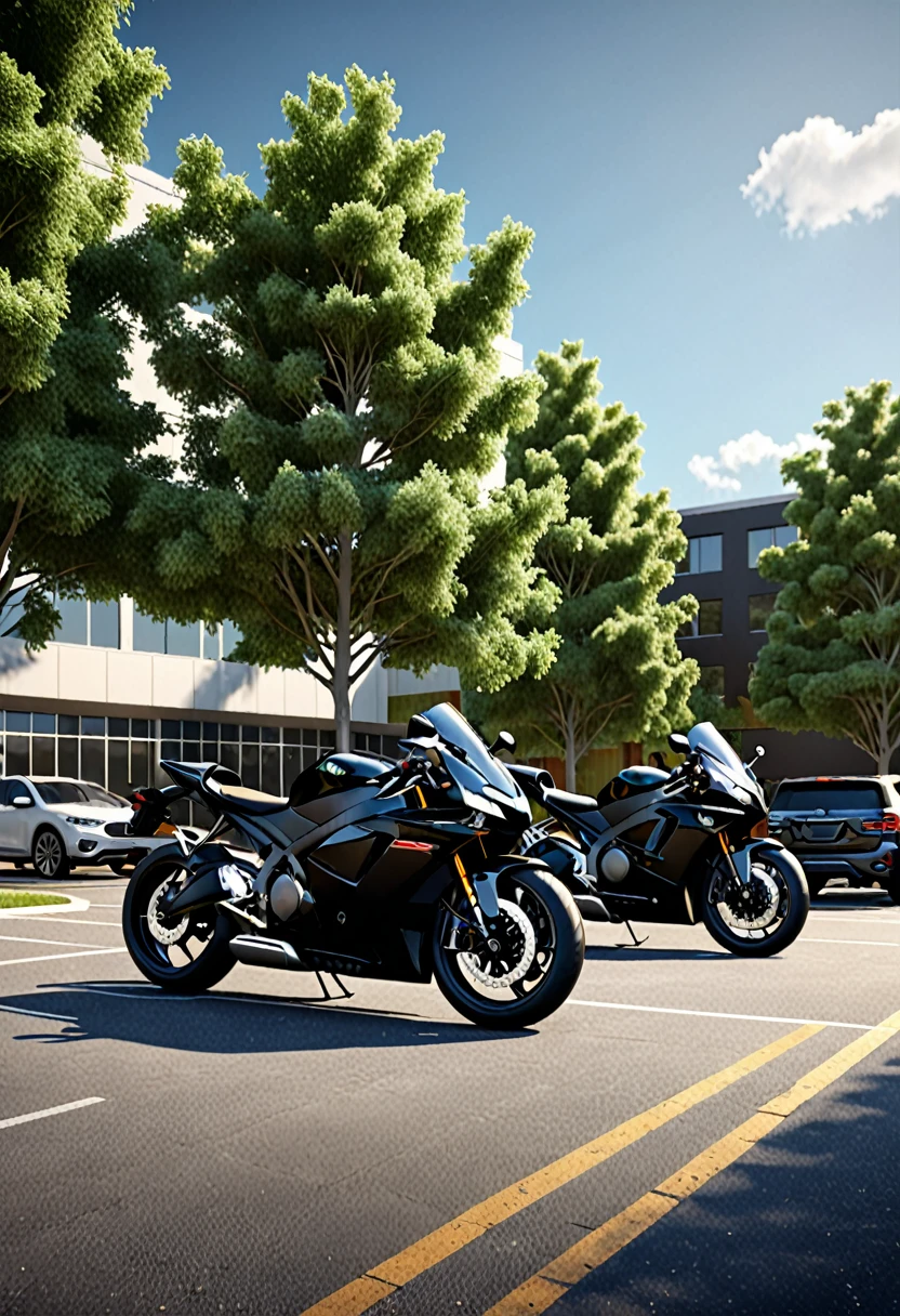 black motorcycle parke, cars parked in a parking lot with trees in the foreground,university parking, detailed rendering, a photorealistic rendering, realistic rendering, photorealistic rendering, realistic scene, photorealistic streetscape, cg rendering, rendered in lumion pro, realistic physical rendering, digital rendering, beautiful rendering, 3d rendering!, 3 d rendering!, hyper detailed scene, architectural rendering