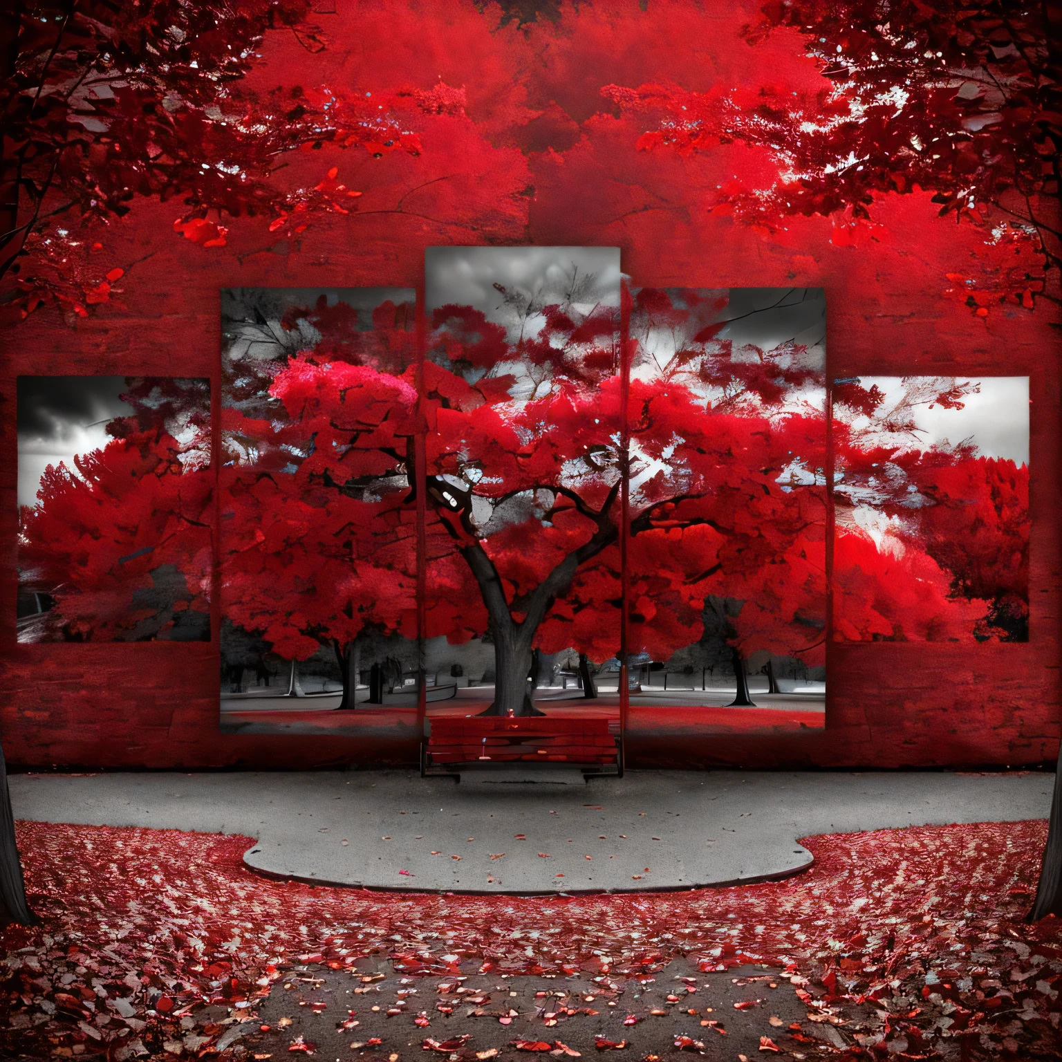 a red tree in a park with a bench and a bench, red trees, red selective coloring, canvas art, only red and gray, canvas art print, brown red and gray color scheme, very red colors, soft gray and red natural light, vibrant red colors, vibrant red, but dark, crimson and gray color scheme, grayscale photo with red dress