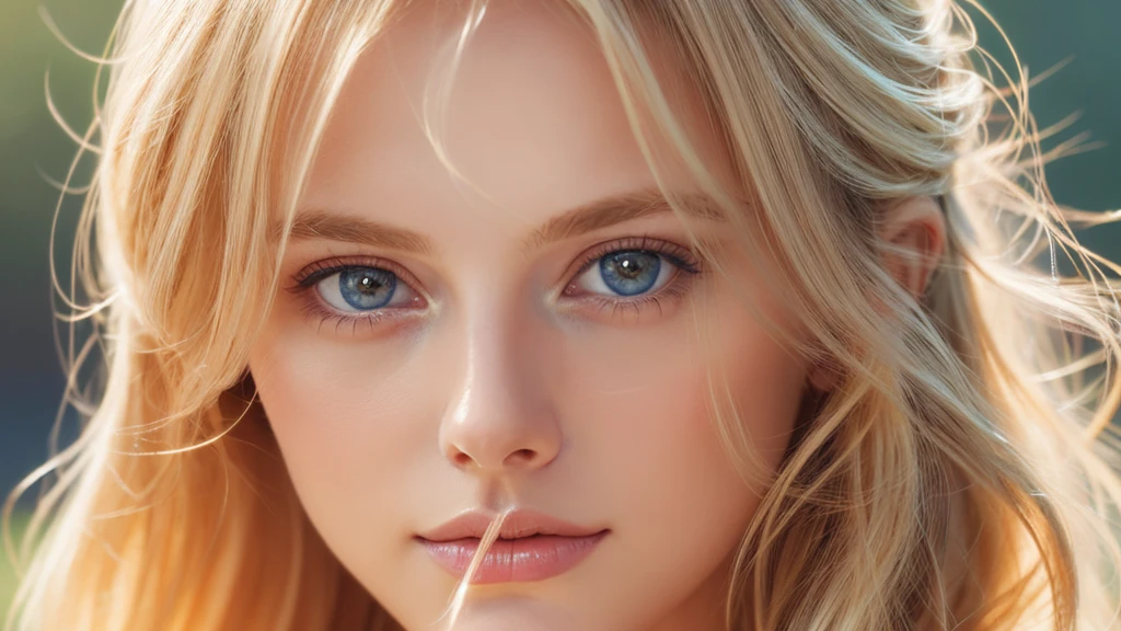 Soft portrait of a beautiful blonde woman, flowing golden hair, captivating blue eyes, delicate features, natural makeup, elegant attire, gentle expression, subtle blush, warm skin tones, ethereal lighting, soft shadows, high-resolution digital painting, realistic style, artistic interpretation, by a skilled portrait artist