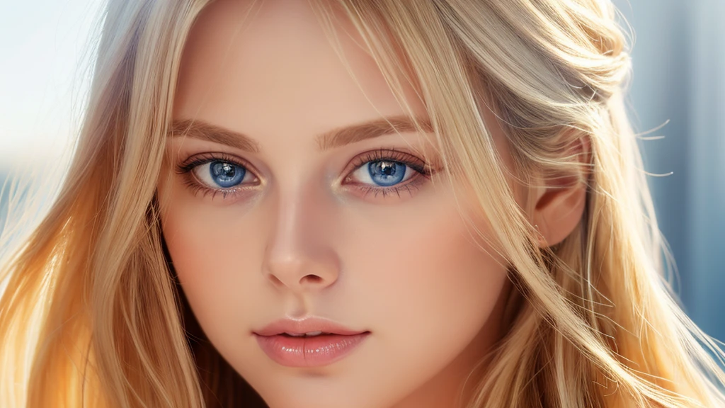 Soft portrait of a beautiful blonde woman, flowing golden hair, captivating blue eyes, delicate features, natural makeup, elegant attire, gentle expression, subtle blush, warm skin tones, ethereal lighting, soft shadows, high-resolution digital painting, realistic style, artistic interpretation, by a skilled portrait artist
