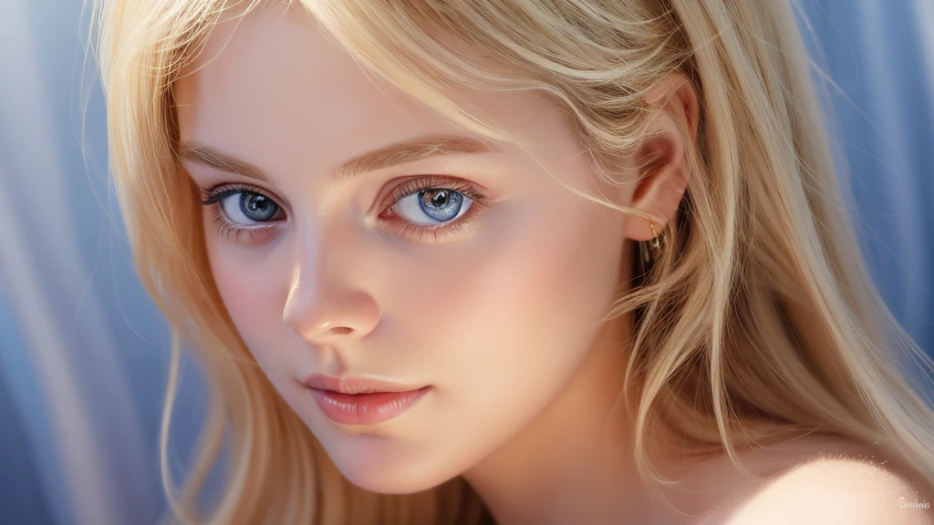 Soft portrait of a beautiful blonde woman, flowing golden hair, captivating blue eyes, delicate features, natural makeup, elegant attire, gentle expression, subtle blush, warm skin tones, ethereal lighting, soft shadows, high-resolution digital painting, realistic style, artistic interpretation, by a skilled portrait artist
