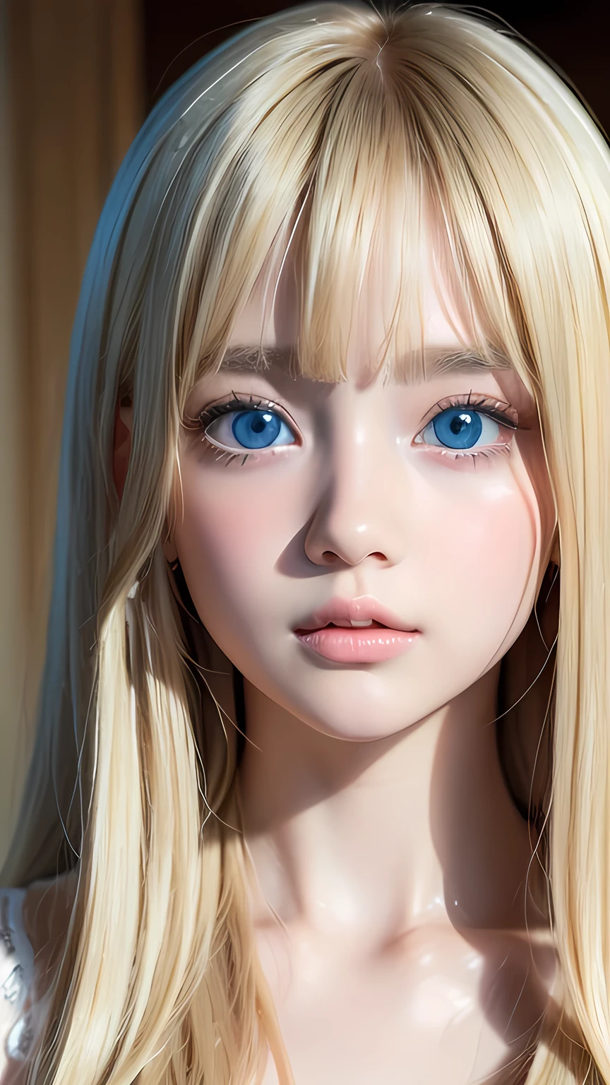 high quality、最high quality、Photorealistic、Raw photo、Real、超Real8K CG、Super detailed、High resolution、masterpiece、1 Girl、Super long hair、Light blonde hair、Bright Blue Eyes、Detailed face and eyes、Close-up、Intricate details、Detailed Texture、details、details、A perfectly beautiful face、Messy silky beautiful light blonde hair、Beautiful cute girl 、Very beautiful beautiful bright pale sky blue big eyes、Very super long beautiful blonde silky shiny hair、Long beautiful bangs、Very big eyes、Small Face Beauty、eyeliner、very white shiny skin、Gloss Face、Cheek gloss、Hair above the eyes、片Hair above the eyes、Hair between the eyes、