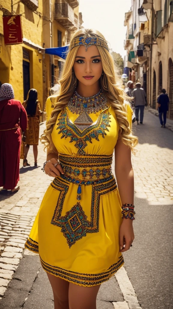 Most beautiful blonde lady, robe kabyle, berber,amazigh, kabyle beauty, bijoux,kabyledress, attractive, hd,best, perfect body ,yellow, street background 