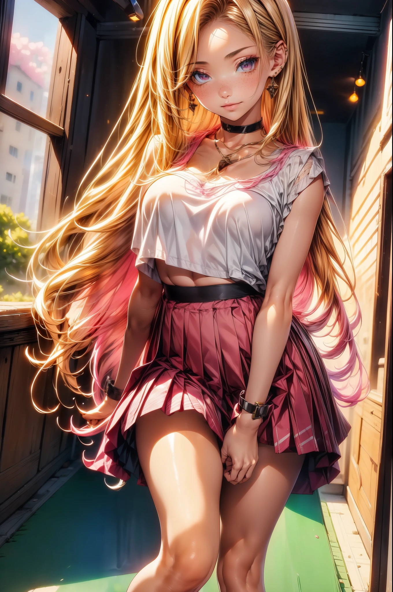 a beautiful young girl with long pink hair, freckles, medium breasts, wearing a pink tube top and a pleated mini skirt, thigh high socks, and a choker necklace, indoor setting, (best quality,4k,8k,highres,masterpiece:1.2),ultra-detailed,highly detailed face and eyes, intricate clothing details, warm lighting, vivid colors, soft focused background, delicate facial features