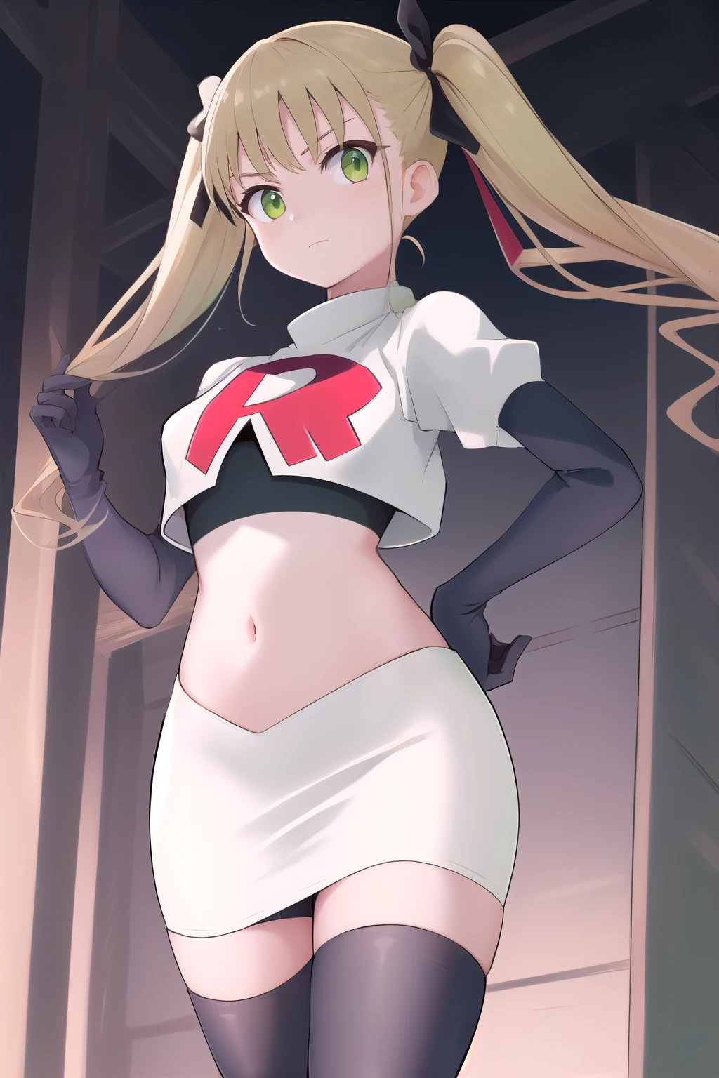 masterpiece, best quality, highres, 1girl twintails hair ribbon, green eyes, team rocket,team rocket uniform,white skirt,red letter R,crop top,black thigh-highs,black elbow gloves