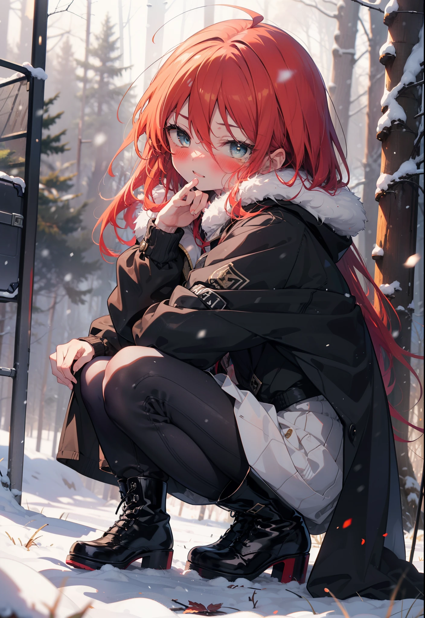 Shana,灼眼のShana,Long Hair, Redhead, Red eyes,Ahoge,,smile,blush,White Breath,
Open your mouth,snow,Ground bonfire, Outdoor, boots, snowing, From the side, wood, suitcase, Cape, Blurred, , forest, White handbag, nature,  Squat, Mouth closed, Cape, winter, Written boundary depth, Black shoes, red Cape break looking at viewer, Upper Body, whole body, break Outdoor, forest, nature, break (masterpiece:1.2), Highest quality, High resolution, unity 8k wallpaper, (shape:0.8), (Beautiful and beautiful eyes:1.6), Highly detailed face, Perfect lighting, Extremely detailed CG, (Perfect hands, Perfect Anatomy),