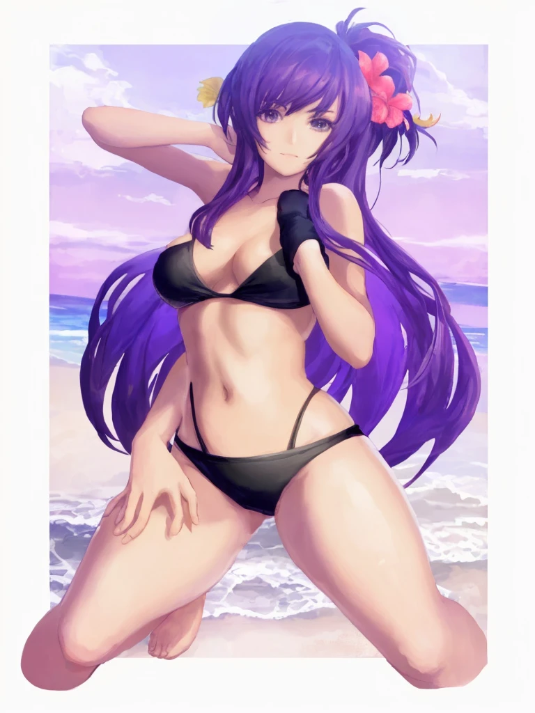 Beautiful Girl in a Swimsuit, Black Swimsuit, Beach Background, Ocean,