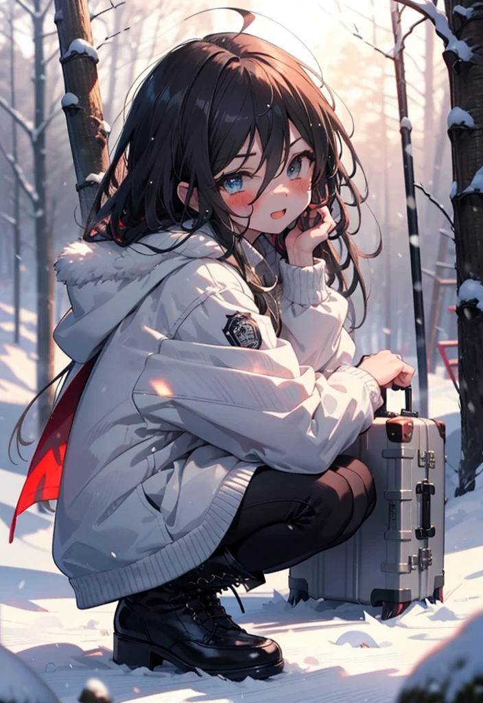 Shana,灼眼のShana,Long Hair, Redhead, Red eyes,Ahoge,,smile,blush,White Breath,
Open your mouth,snow,Ground bonfire, Outdoor, boots, snowing, From the side, wood, suitcase, Cape, Blurred, , forest, White handbag, nature,  Squat, Mouth closed, Cape, winter, Written boundary depth, Black shoes, red Cape break looking at viewer, Upper Body, whole body, break Outdoor, forest, nature, break (masterpiece:1.2), Highest quality, High resolution, unity 8k wallpaper, (shape:0.8), (Beautiful and beautiful eyes:1.6), Highly detailed face, Perfect lighting, Extremely detailed CG, (Perfect hands, Perfect Anatomy),