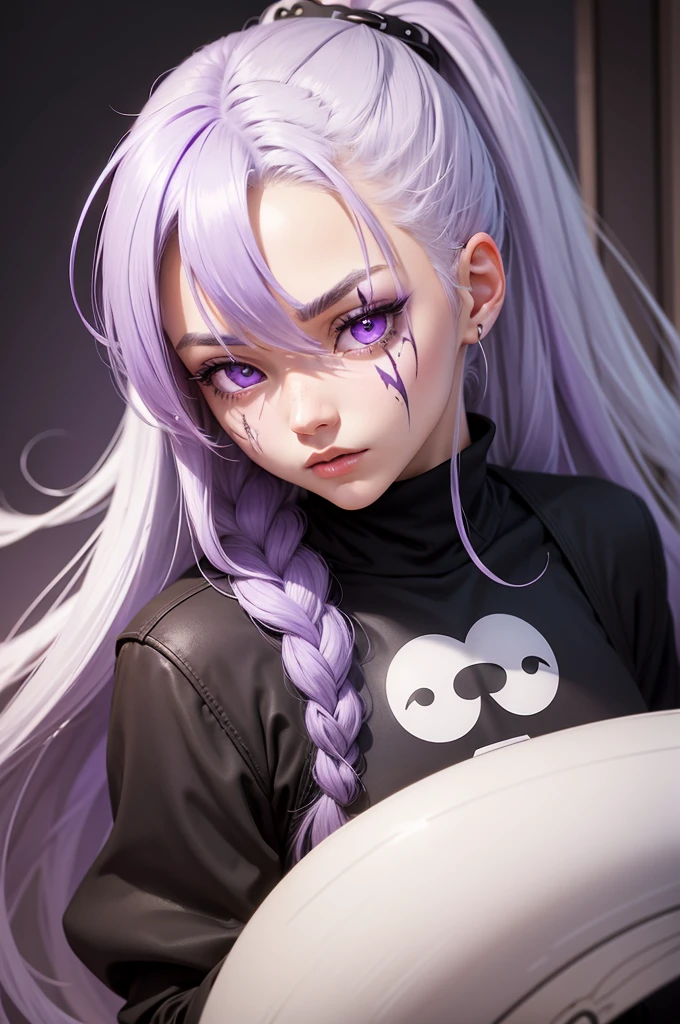 The image is an illustration of a character with a stylized look, typical of anime or manga. Here are some notable details: body hair: The character has long hair, tied in a high ponytail. Hair color is white with purple highlights. eyeballs: The eyes are purple, with a serious, penetrating gaze. Facial expression: The character displays a serious or perhaps slightly irritated expression, with visible scars on the face. Clothing: him/she is wearing a black turtleneck outfit, which appears to be simple and without many details. artistic style: The style is typical of Japanese animation, with clear lines and a striking use of contrasting colors (white and purple hair, purple in the eyes and black in the clothes). The background is gray and has no additional details., keeping the focus on the character.