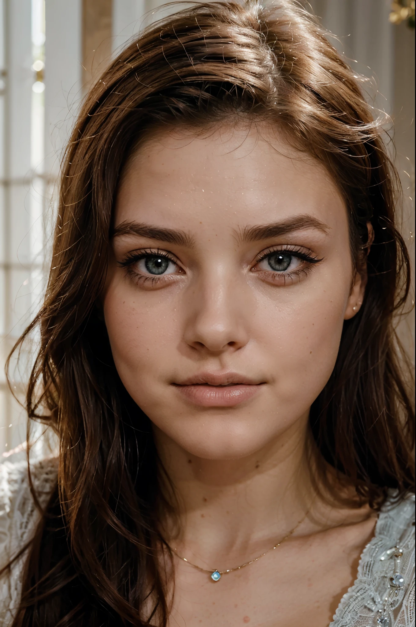 Créer une image d'une jeune fille avec de beaux cheveux bruns, des yeux captivants et un visage attrayant. Les traits de son visage doivent être harmonieux, sans sourire. Ses cheveux doivent être longs et brillants, encadrant délicatement son visage. Les yeux doivent être expressifs, de préférence avec une couleur riche et profonde. L'ensemble de son apparence doit dégager une beauté naturelle et une aura de gentillesse