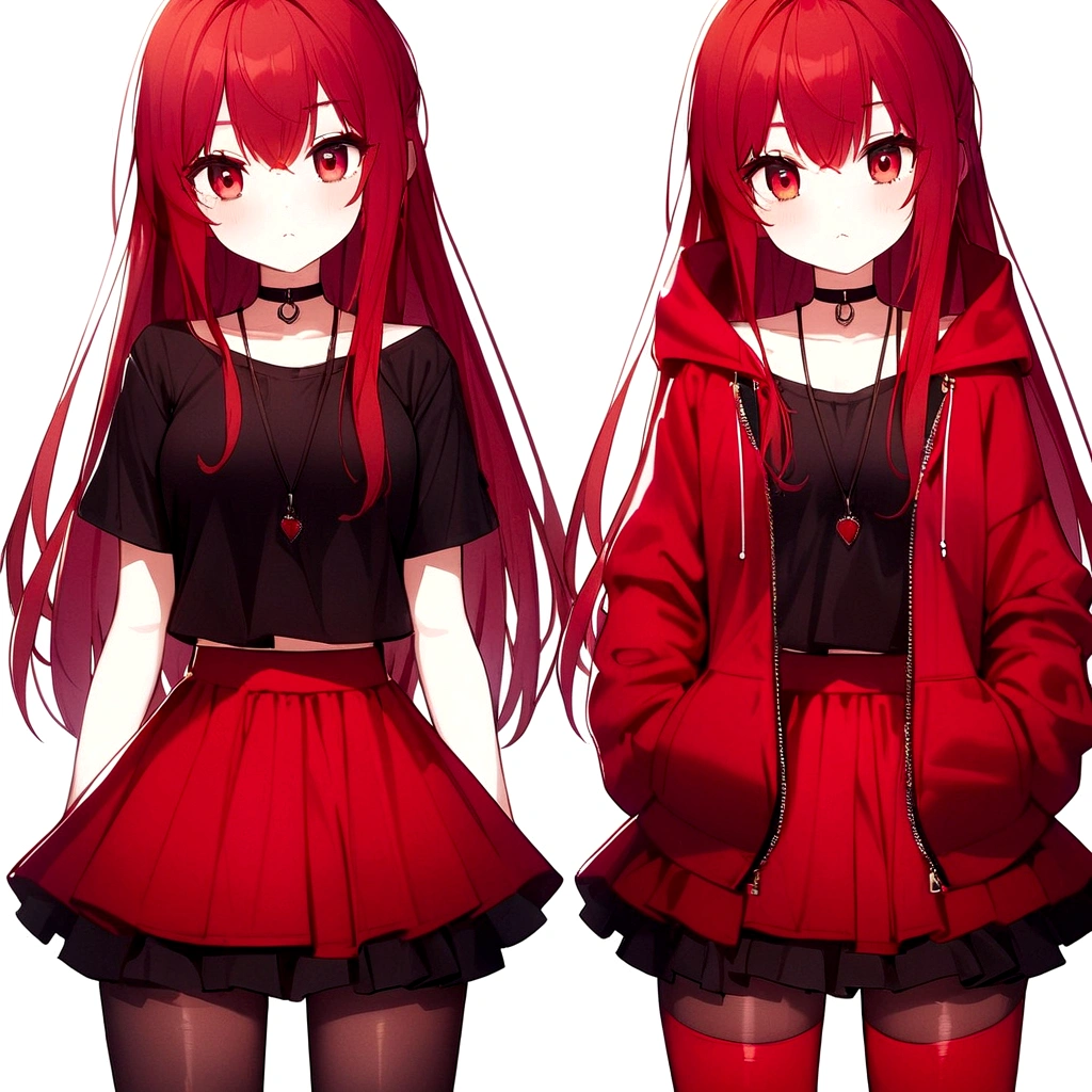 a girl with a red skirt and a black skirt under the red shirt . red stockings with the top black. red zip up hoodie with a black shirt underneath. red hair and red eyes has a black Choker Necklace