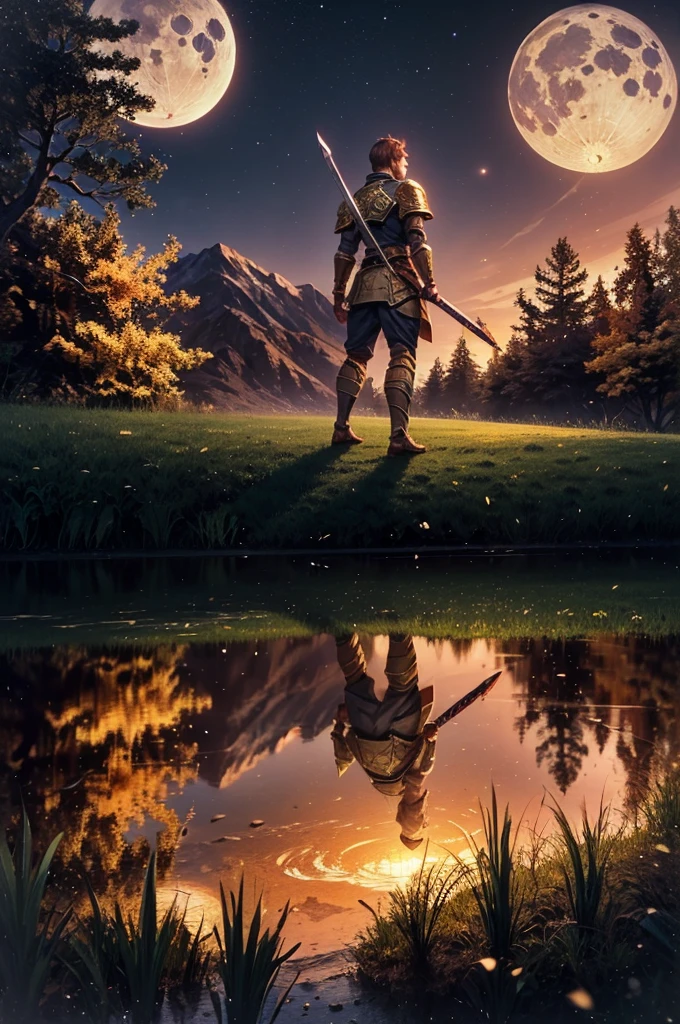 1man, 1sword, a man wearing golden armor, brandishing a sword, spacious forest, in the background the full moon with a reddish tone, reflections of moonlight on the ground, heroic atmosphere