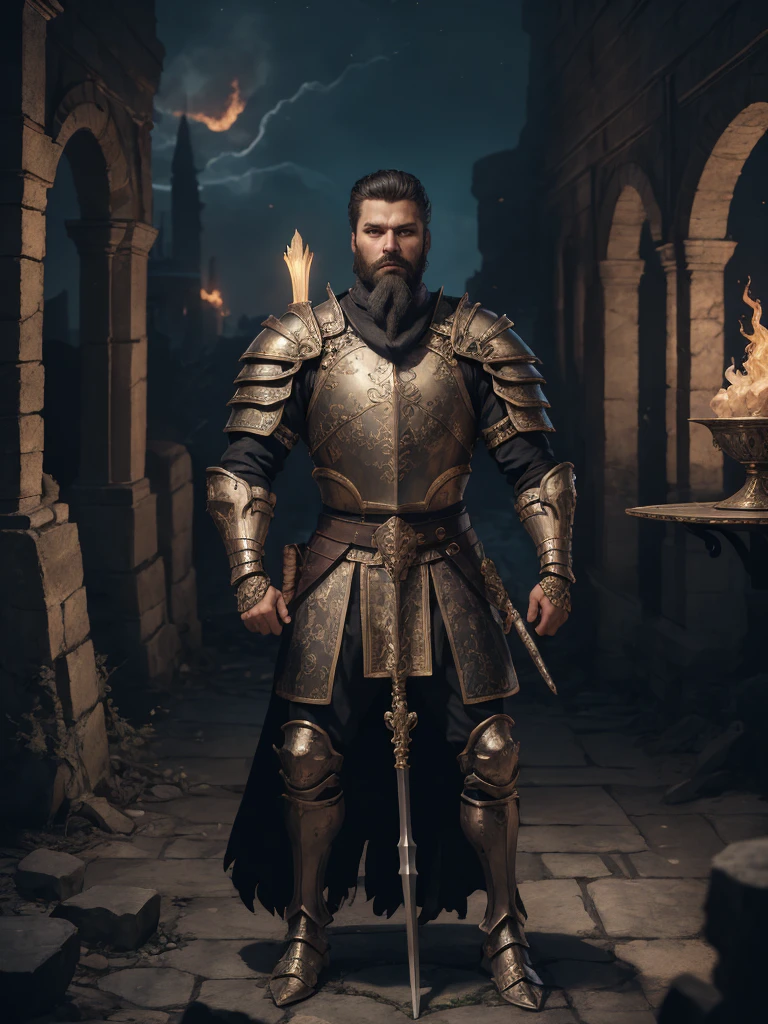 masterpiece:1.2, best quality, absurdres, castle ruins, fire, evening, fantasy, goliath, D&D, Pathfinder, male, full body, bald, detailed face, face focus, portrait, spear , holding an spear, plate armor, black beard, marb1e4rmor, braided beard, centered,