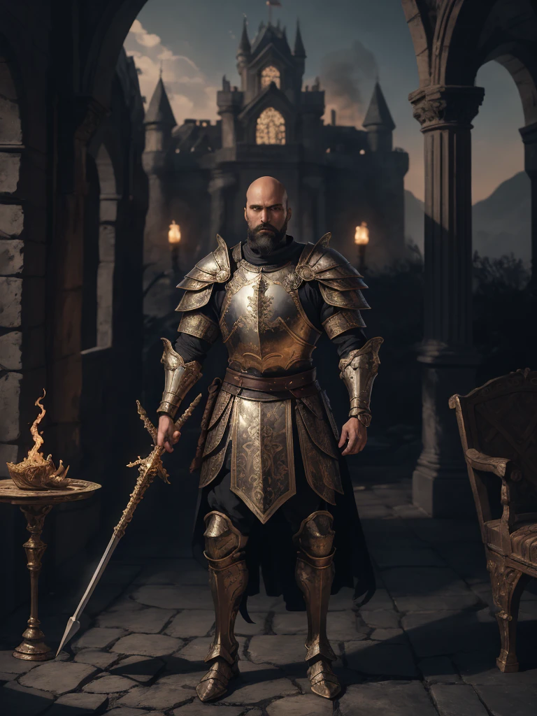 masterpiece:1.2, best quality, absurdres, castle ruins, fire, evening, fantasy, goliath, D&D, Pathfinder, male, full body, bald, detailed face, face focus, portrait, spear , holding an spear, plate armor, black beard, marb1e4rmor, braided beard, centered,