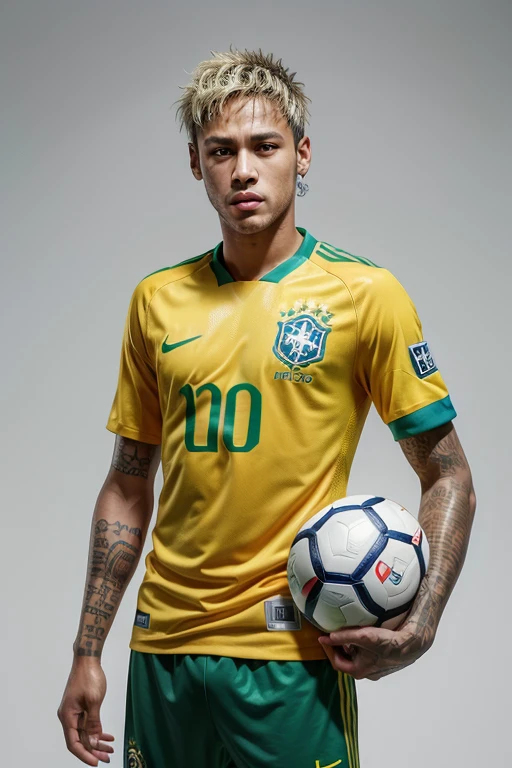Neymar wearing a Brazil shirt and sweaty holding a soccer ball and wearing white underwear 