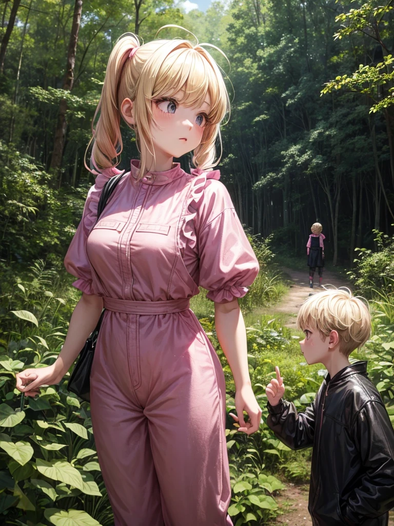1 girl, two pigtails falling over her shoulders with pink rubber bands, blond hair, wearing a pink jumpsuit dress, In a forest, next to 1 boy with black hair, messy hair, black eyes, wearing casual clothes