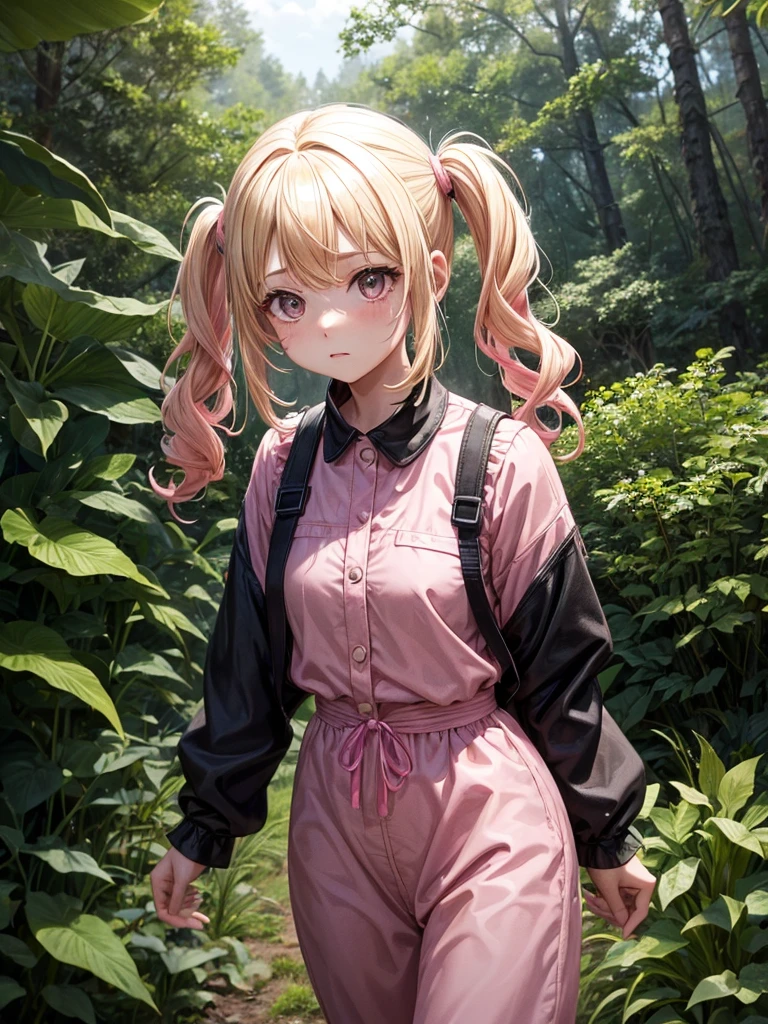 1 girl, two pigtails falling over her shoulders with pink rubber bands, blond hair, wearing a pink jumpsuit dress, In a forest, next to 1 boy with black hair, messy hair, black eyes, wearing casual clothes