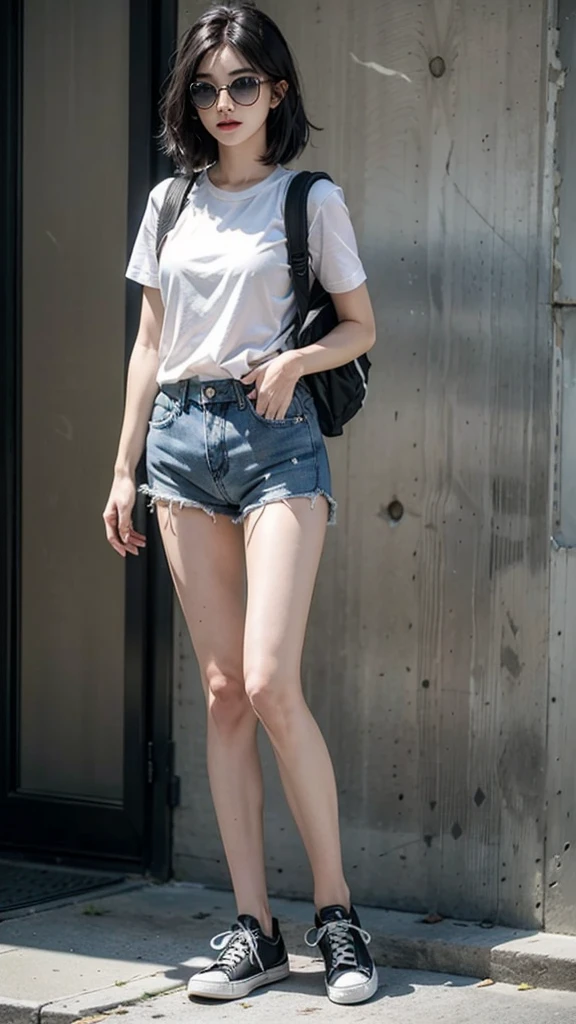 One wears black short sleeves，Black denim super shorts，Carrying a backpack，Wearing canvas shoes，Close-up shot of blue-haired girl in sunglasses posing