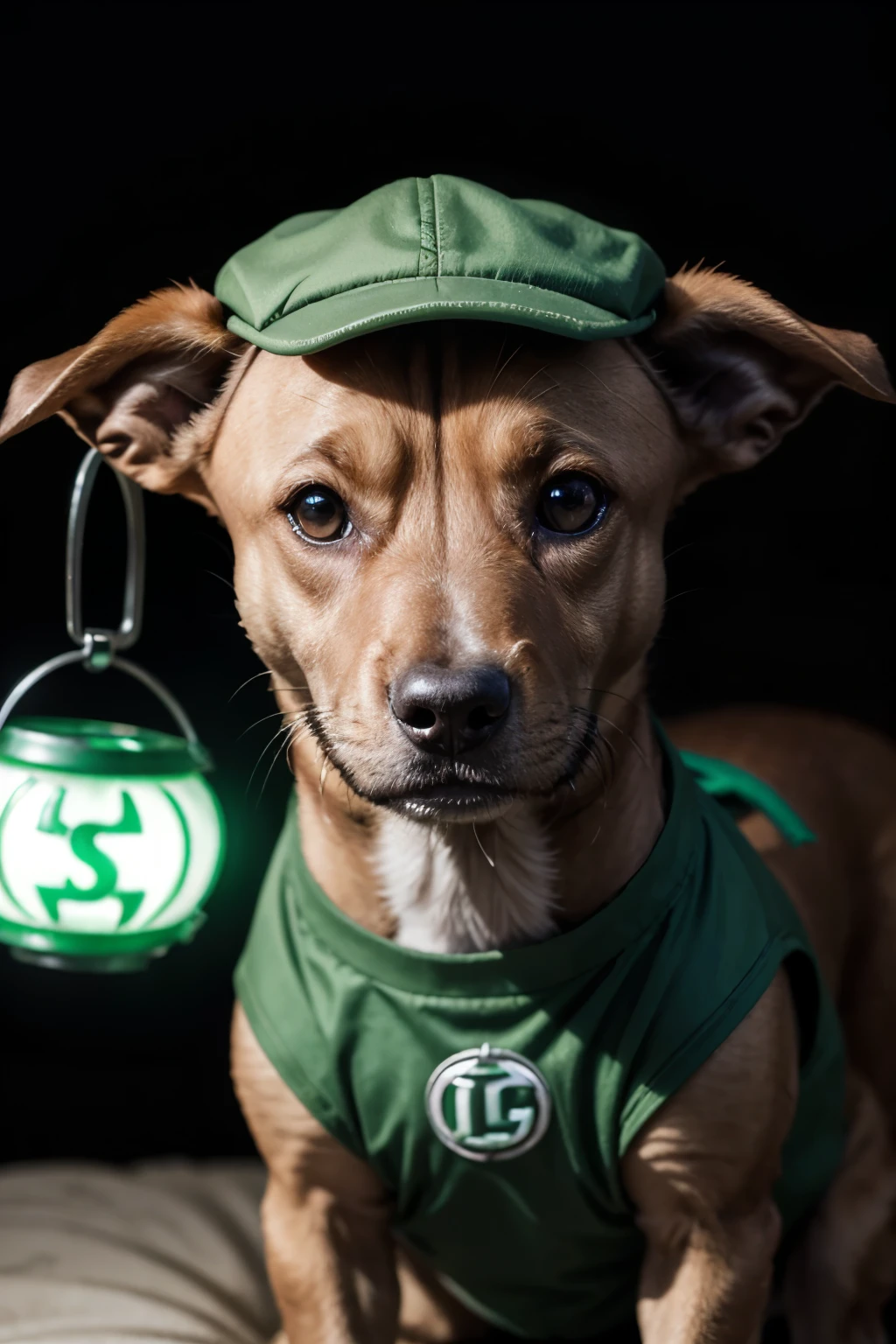 A small brown dog, similar to a Greyhound, wearing a green lantern costume based on the Ryan Reynolds character