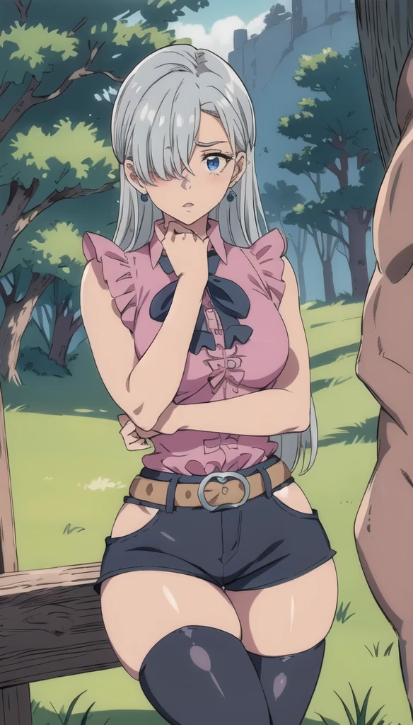 Silver hair, blue eyes, light skin, pink ruffled sleeveless blouse with blue bow, black shorts with belt and buckle, thigh-high black stocking on right leg, turquoise earrings, hand touching blue bow, (covered eye by hair:1.5), Elizabeth, forest, grass, tree, showing ass
