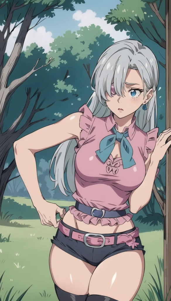Silver hair, blue eyes, light skin, pink ruffled sleeveless blouse with blue bow, black shorts with belt and buckle, thigh-high black stocking on right leg, turquoise earrings, hand touching blue bow, (covered eye by hair:1.5), Elizabeth, forest, grass, tree, showing ass